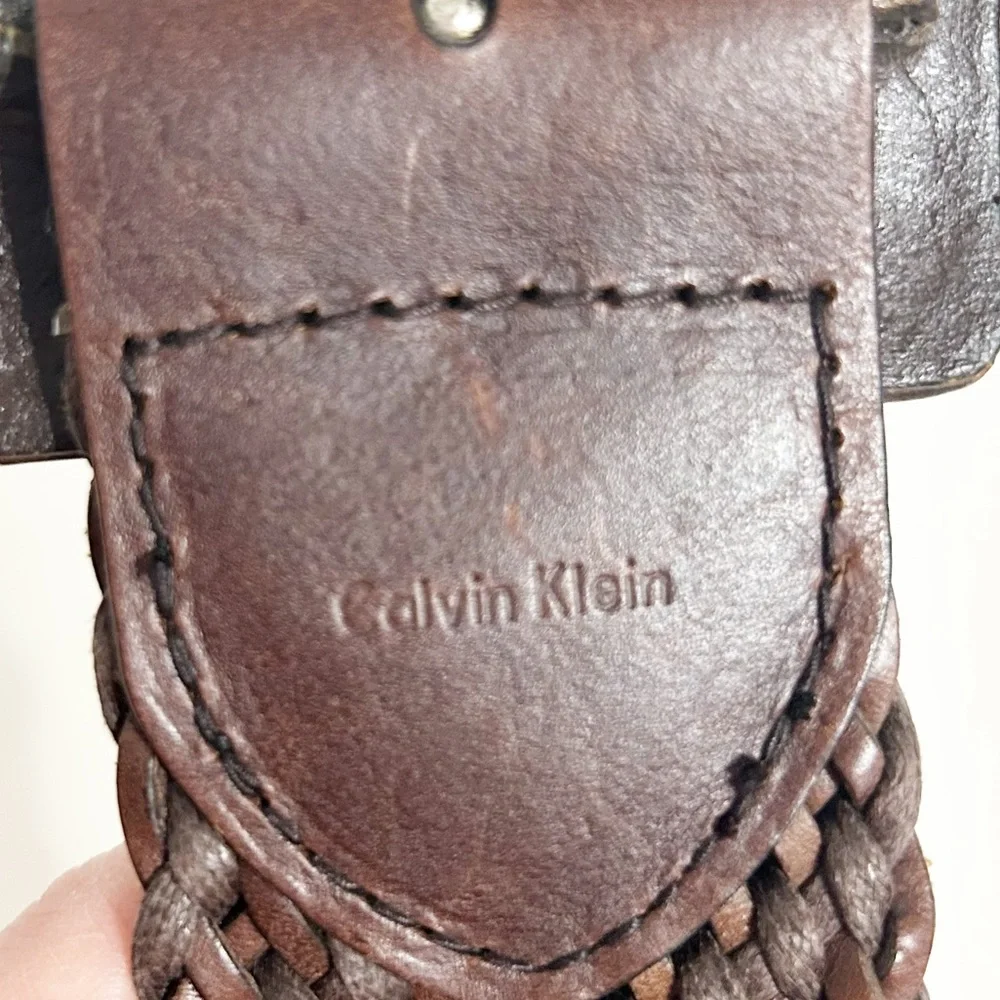 Calvin Klein Oversized Leather Covered Buckle Dark Brown Woven Leather Jute Belt